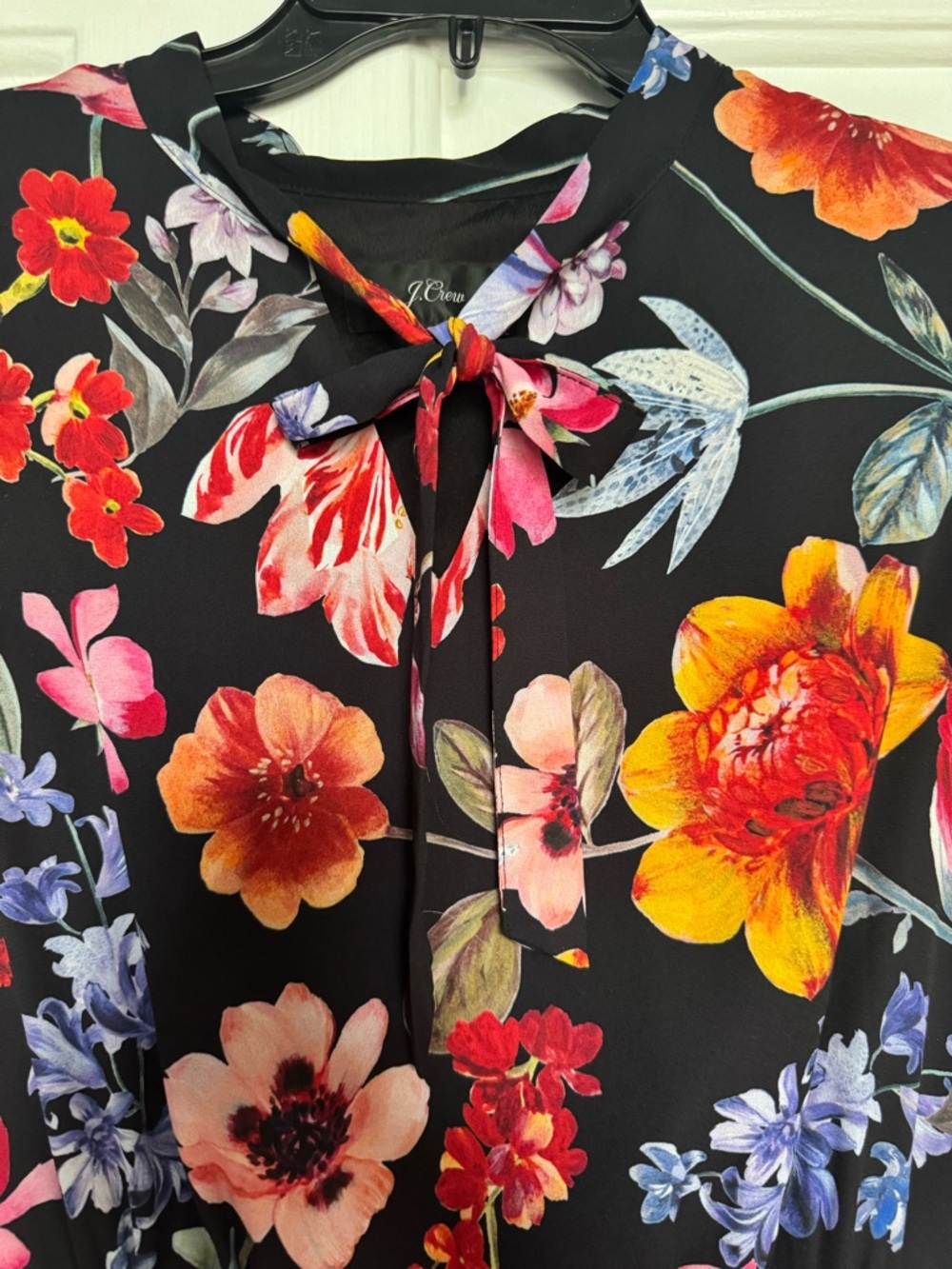 J.Crew Floral Tie-Neck Long Sleeve Dress - Black with Vibrant Floral Print - Picture 4 of 6